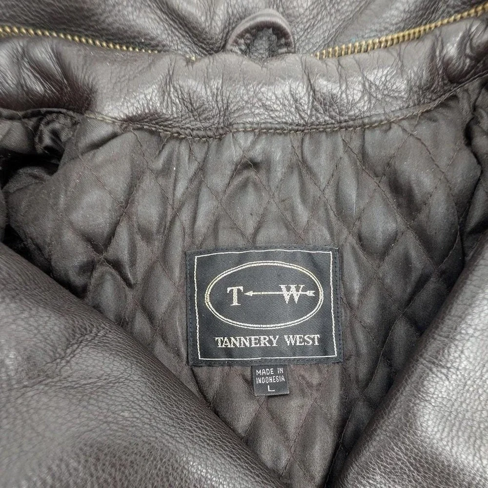 Tannery West‎ Brown Leather Belted Moto Jacket Asymmetrical Zip Quilted L